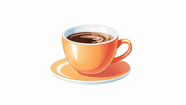 A close-up of a bright orange coffee cup filled with dark liquid on a saucer
