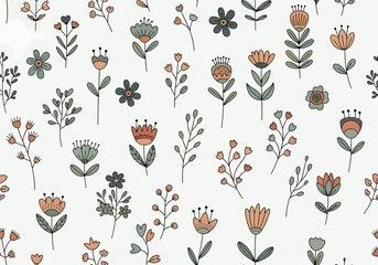 A cute seamless floral pattern design featuring summer flowers, green leaves, and butterfly elements in a vintage vector illustration art style for nature wallpaper decoration