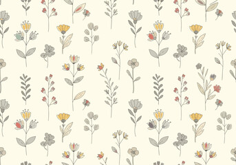 Seamless floral vector pattern design featuring vintage pink flowers and green leaves for a nature-inspired textile wallpaper illustration