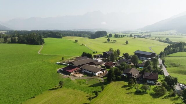 Aerial view of Otztal valley in Tirol Austria. Traditional architecture of houses in the Alpine mountains, travel and tourism in Europe.