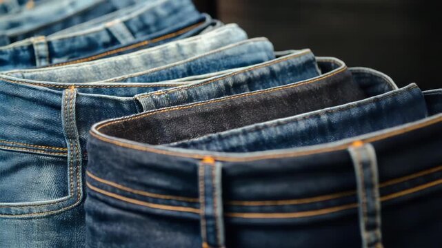 Footage A single row of jeans hanging on a retail rack in a store