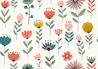 Flowers, leaves and berries pastel seamless pattern on white bac