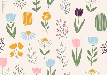 Seamless background pattern with pink and blue flowers