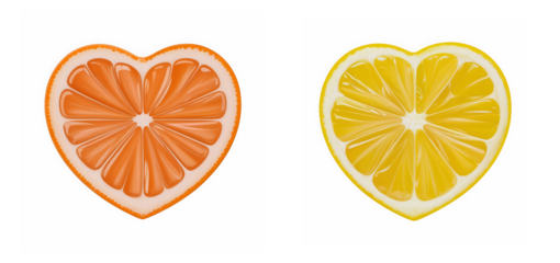 Heart shaped citrus slices, Fruit love illustration set, Fresh orange lemon hearts