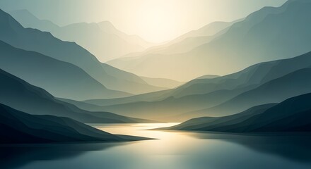 Minimalist mountain landscape with misty layers and golden sunlight reflecting on calm river water at dawn or dusk in stylized flat vector aesthetic art illustration
