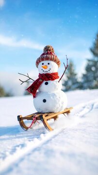 Adorable snowman wearing a knitted hat and a red scarf rides a wooden sled in the snowy winter landscape
