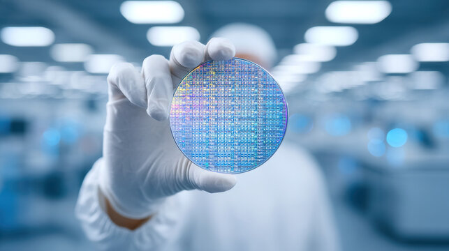 Clean semiconductor wafer held by gloved hand cleanroom showing microchip pattern and iridescent wafer surface with focused
