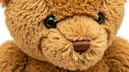 Soft plush teddy bear close up with shaggy fur and brown nose on white background