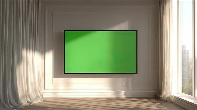 Green Screen TV Mockup in Modern Luxury Living Room with Blowing Curtains and Sunlight