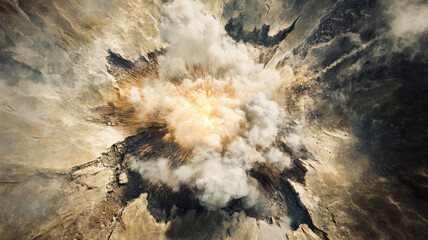 Aerial view of a dramatic explosion in a vast desert landscape. A cataclysmic eruption from the earth, seen from a wide-angle top-down aerial view.