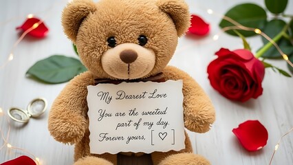 Brown teddy bear holding love note surrounded by red roses and earrings on white surface