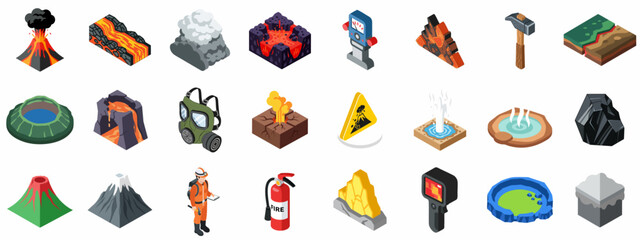 Isometric Volcanology and Geohazard Icon Set: Featuring Erupting Volcanoes, Lava Flows, Geysers, Warning Signs, Geologists, and Monitoring Equipment. © Sabiqul