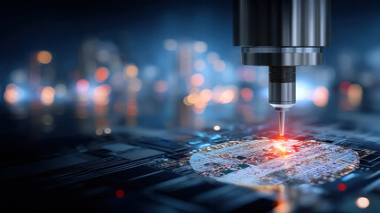 High tech laser engraving on microchip circuit board with glowing red focal point and blurred city lights in background