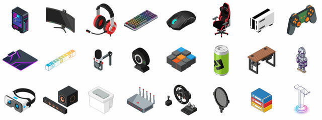 Isometric Gaming and Streaming Equipment Vector Icon Set. PC components, accessories, VR, headset, chair, and controller collection isolated on white background. © Sabiqul