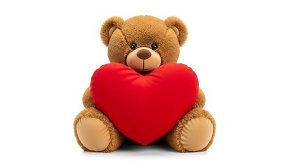 Cuddly brown teddy bear holding red heart shaped pillow sitting on white background with love and affection concept for valentine's day or romantic