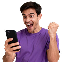 [Transparent Background PNG]Man Celebrating Good News on Smartphone