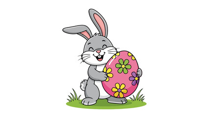 Obraz premium A happy Easter bunny holds an egg decorated with colorful flowers.vector eps