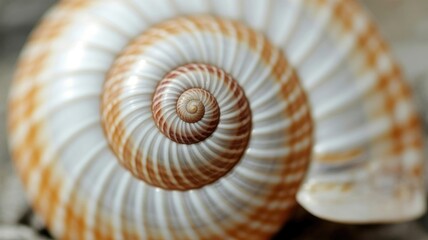 Obraz premium Close-up of spiral seashell with brown and white stripes