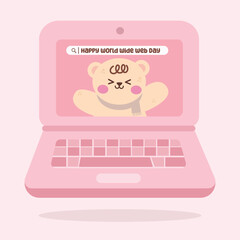 World wide web day design template illustration with Cute pink laptop with cute bear on screen for celebration. Suitable for background, template, social media, poster, flyer design, flat illustration