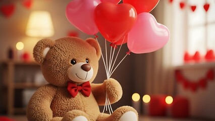 Cute brown teddy bear holding red heart shaped balloons in cozy room with valentine's day decorations