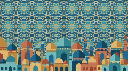 Vibrant Middle Eastern cityscape with intricate geometric pattern background