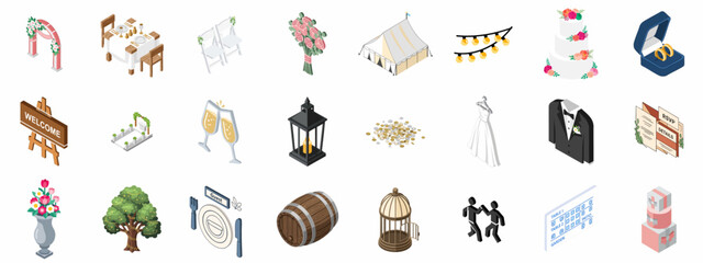 Wedding accessories and celebration elements isometric icons set: rings, arch, cake, flowers, dress, tuxedo, venue decor, and stationery.