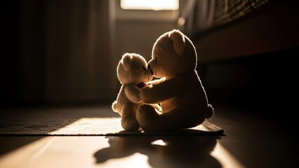 Two teddy bears cuddle in warm sunlight on floor near window evoking comfort and companionship