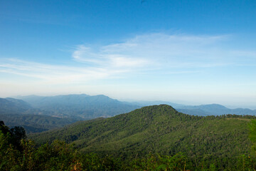 Serene Mountain Landscape with Lush Greenery and Clear Blue Sky