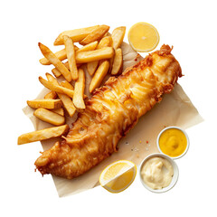 Traditional fish and chips with lemon and sauce