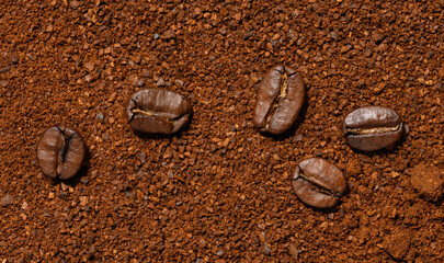 Whole roasted coffee beans lie on an even layer of freshly ground brown coffee.