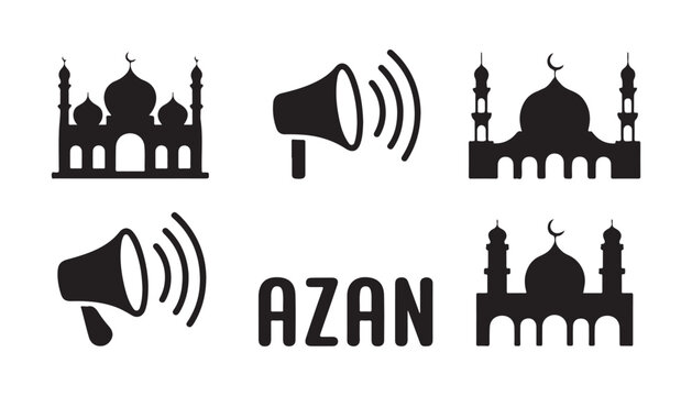 Azan icon set with mosque silhouettes and megaphones representing islamic call to prayer