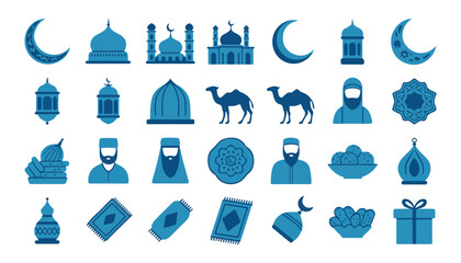 Blue Islamic icons collection crescent moon mosque lantern camel and traditional clothing symbols.