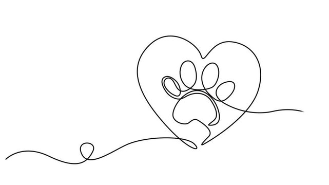 Dog or cat paw footprint and heart continuous one line drawing animation, Video. Dog and cat paw hearts drawn in one continuous line. Dog paw prints in a heart frame in a simple linear style. Concept
