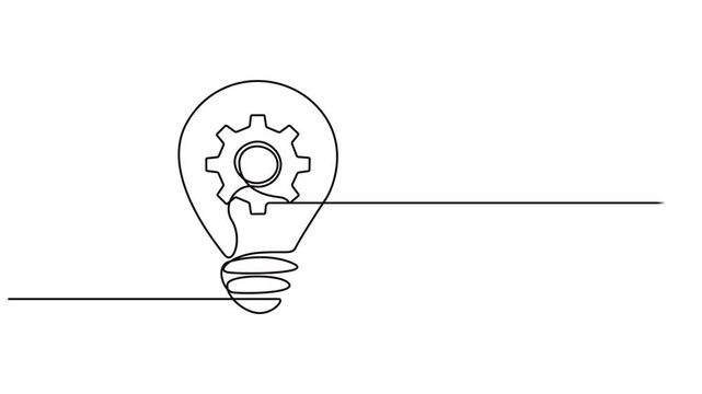 Animated self drawing of single continuous line draw clean lightbulb with gear wheel mechanic inside for logo label. Creative workshop logotype symbol template concept. Full length one line animation.