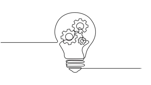 Animated self drawing of single continuous line draw clean lightbulb with gear wheel mechanic inside for logo label. Creative workshop logotype symbol template concept. Full length one line animation.