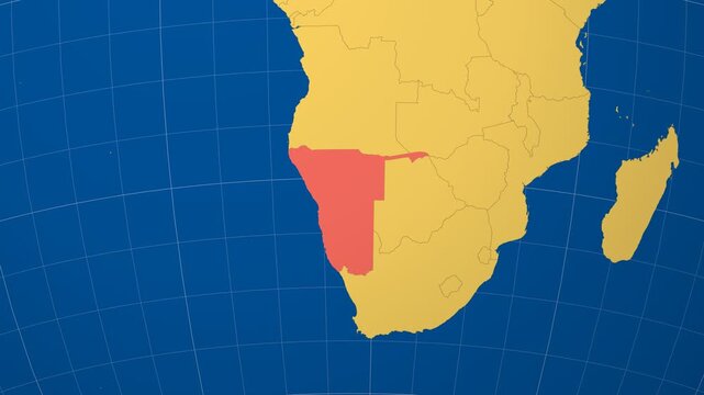 Namibia on Globe. Animated zoom into the country in Ocean Blue Golden Yellow color palette. Namibia logo animation. Map with meridians, parallels. Classy video.
