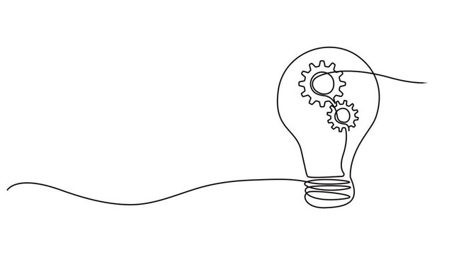 Animated self drawing of single continuous line draw clean lightbulb with gear wheel mechanic inside for logo label. Creative workshop logotype symbol template concept. Full length one line animation.