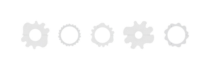 Circular sound waves, depicting audio music,icons and logos for equalizers, radial spectrum designs, ring patterns. Vector illustrations isolated on white background.
