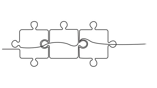 Three Puzzle line art, Continuous one line drawing of pieces of jigsaw on white background. Vector illustration for banner, template, poster, backdrop, web, app. Black thin line of puzzle icon