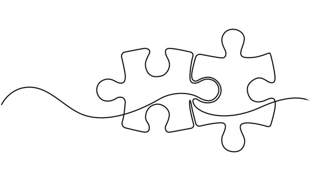 Two connected puzzle pieces of one continuous line drawn. Jigsaw puzzle element. 4K video animation with alpha channel, Two connected puzzles line art video. Animated jigsaw pieces continuous one line