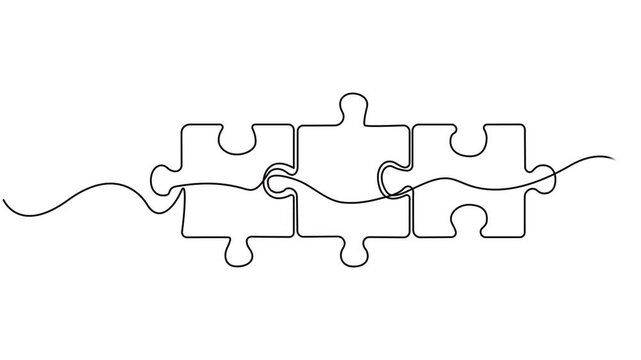 Three Puzzle line art, Continuous one line drawing of pieces of jigsaw on white background. Vector illustration for banner, template, poster, backdrop, web, app. Black thin line of puzzle icon
