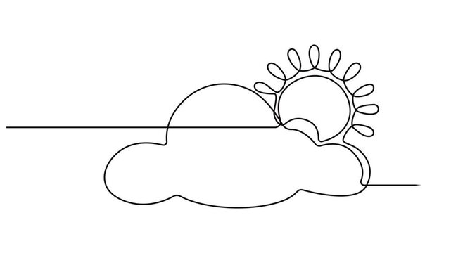 animated continuous single line drawing of sun with clouds, sunny weather minimalist one line art animation video on white background. mountain cloud summer travel
