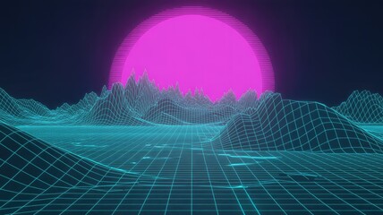 Vibrant digital landscape with neon grid and pink sunset