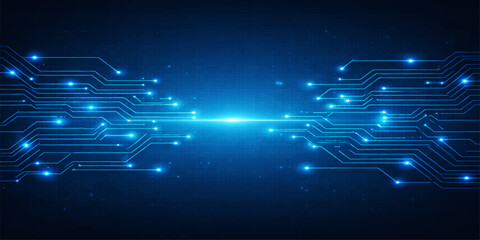 Abstract blue technology background featuring a glowing circuit board design with digital light lines and energy effects in a science communication network illustration © RazuAhmed
