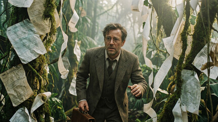 Confused businessman holding briefcase lost in deep jungle of hanging tax receipt and paperwork symbolizing bureaucratic complexity