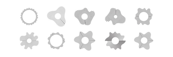 Circular sound waves, depicting audio music,icons and logos for equalizers, radial spectrum designs, ring patterns. Vector illustrations isolated on white background.