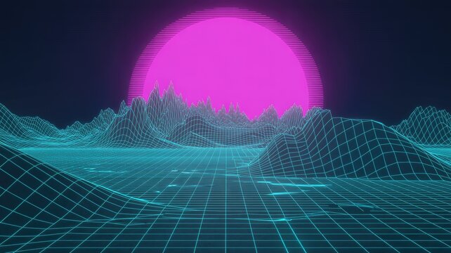 Vibrant digital landscape with neon grid and pink sunset - Powered by Adobe
