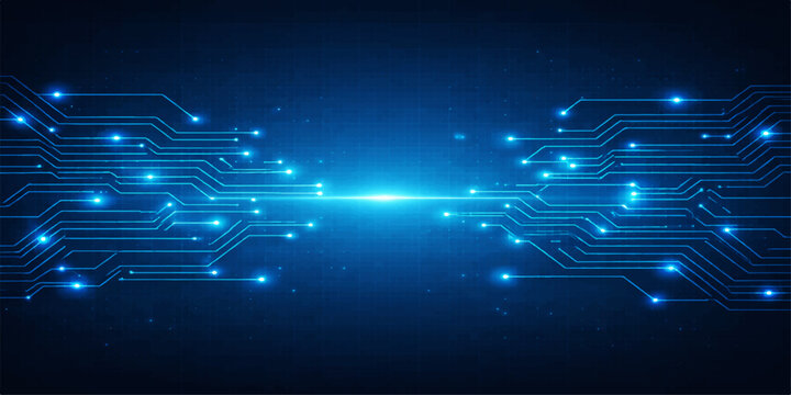 Abstract blue technology background featuring a glowing circuit board design with digital light lines and energy effects in a science communication network illustration
