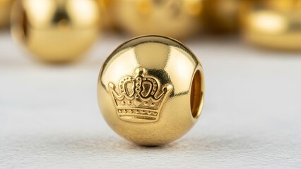 Golden bead with crown emblem centered on surface, surrounded by similar beads, close-up view