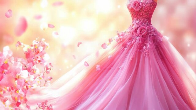 Footage A pink dress with floral patterns displayed on a mannequin, perfect for fashion displays or promotional uses